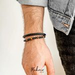 دستبند چرم بافت و سنگ چشم ببر قهوه ای و اونیکس مشکی کد MST1002 - Image 2